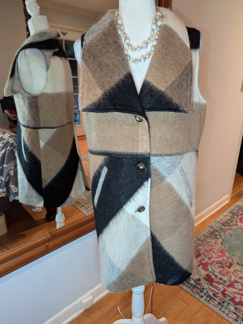 Elevenses by Anthropologie Womens Black & Tan Colorblock Wool-Blend Coat Vest - Picture 3 of 12